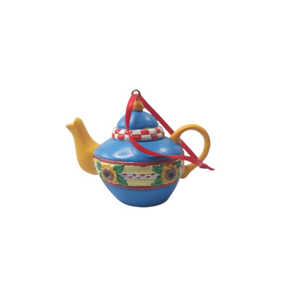 Vintage Mary Engelbreit Ink Yellow Sunflower Theme Blue Teapot Ornament